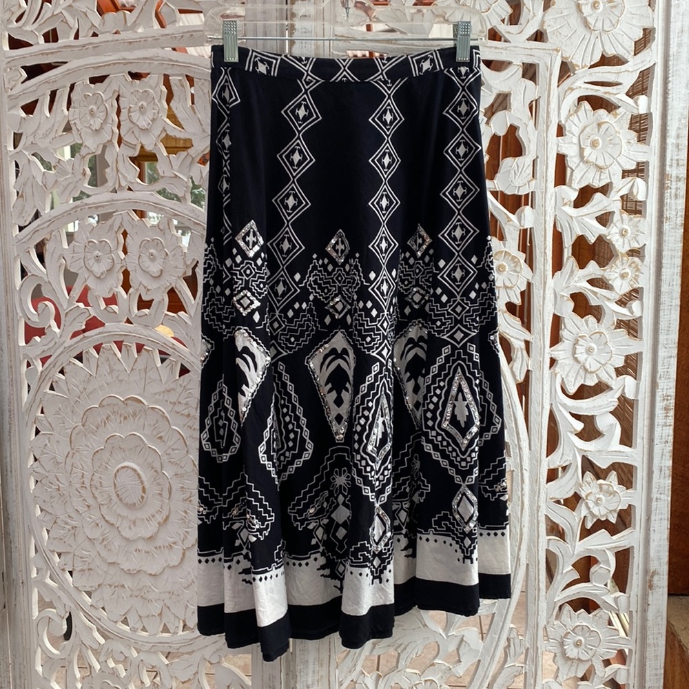 Funky boho flowy sequin embellished black and white holiday skirt - Large